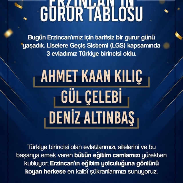 Erzincan'daki 3  birinciyi Vali Aydoğdu açıkladı