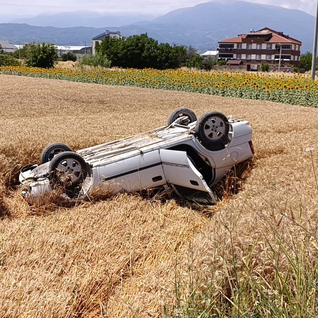 Buğday tarlasına uçan otomobilin sürücüsü yaralandı