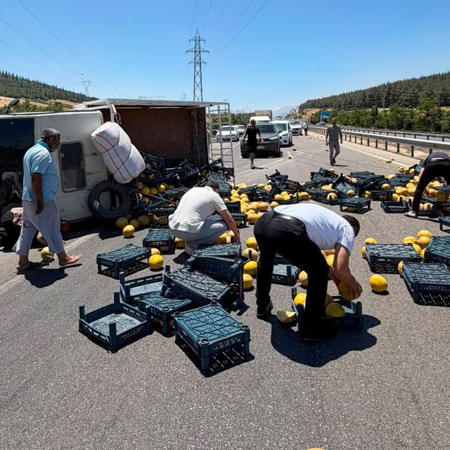Kamyonet devrildi, kasasındaki kavunlar yola saçıldı