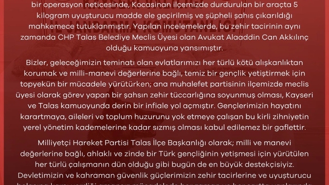 MHP'den uyuşturucuyla yakalanan CHP'li meclis üyesine tepki