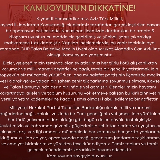 MHP'den uyuşturucuyla yakalanan CHP'li meclis üyesine tepki