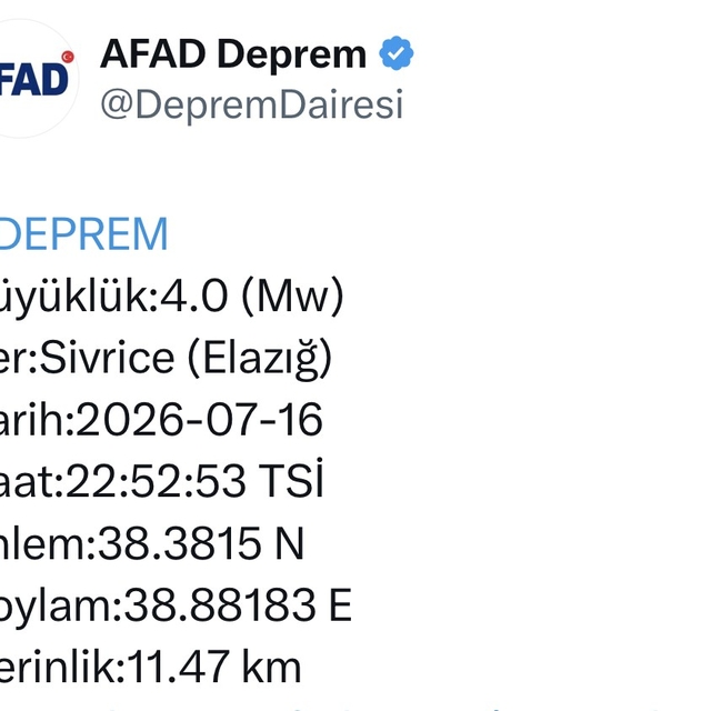 Elazığ'da 4.0 büyüklüğünde deprem