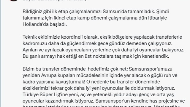 Yüksel Yıldırım: "Ayrılan oyuncuların yerine çok daha iyilerine bakıyoruz"
"Hedefimiz Samsunspor'u Avrupa kupalarında yer alacak kadro yapısına kavuşturmak"
