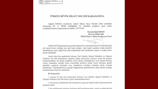 Baki Ersoy'dan Sarız'daki afet konutları için soru önergesi