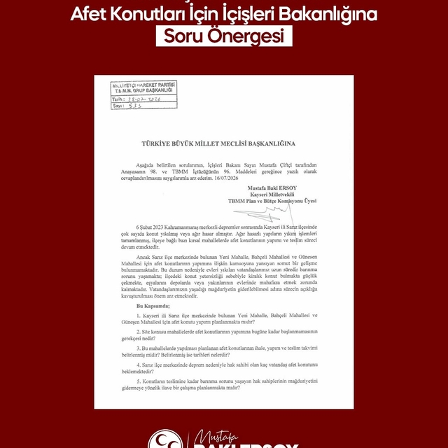 Baki Ersoy'dan Sarız'daki afet konutları için soru önergesi