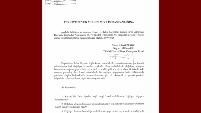 MHP'li Ersoy, Talas kırsal mahallelerinin doğalgaz taleplerini TBMM gündemine taşıdı