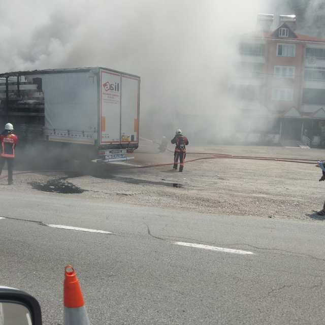 Giresun'da yol kenarındaki tırın dorsesinde yangın çıktı