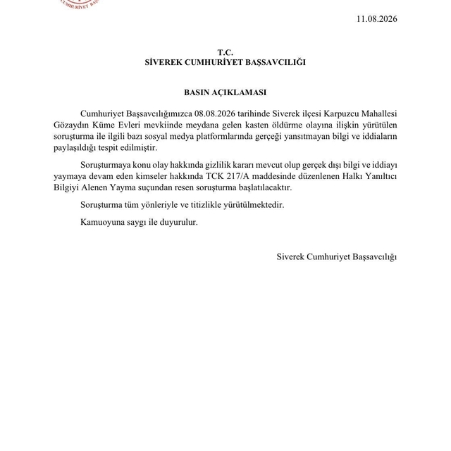 Siverek Cumhuriyet Başsavcılığından "gerçeği yansıtmayan bilgi" uyarısı