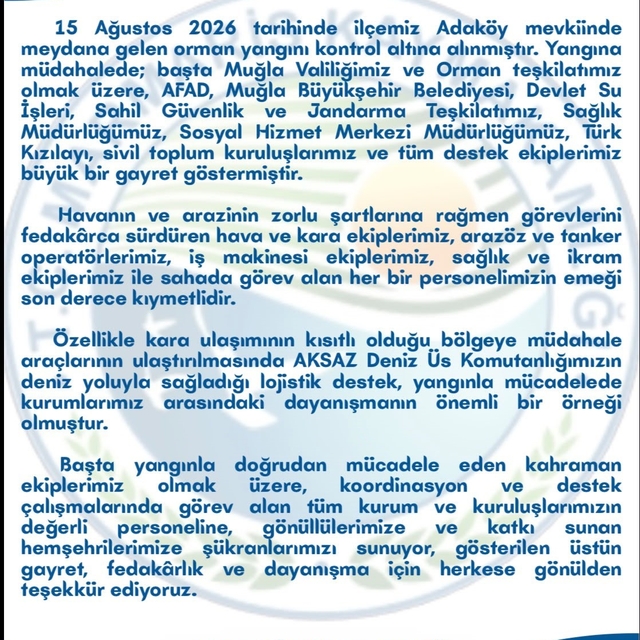 Marmaris Kaymakamlığı'ndan yangın ekiplerine teşekkür