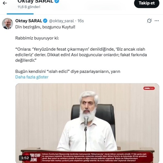 Cumhurbaşkanı Başdanışmanı Saral'dan Kuytul'a tepki: "Senin de suyun yeteri...