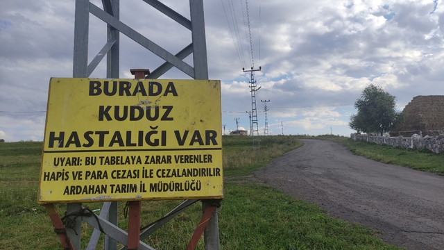 Kuduz nedeniyle mahalleye giriş çıkışlar yasaklandı
Mahalle girişine "Burada kuduz hastalığı var" tabelası asıldı