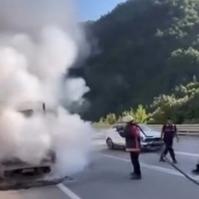 Tavuk taşıyan kamyonet hareket halindeyken yandı