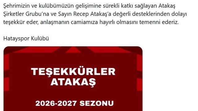 Atakaş Şirketler Grubu, Hatayspor'a sırt sponsoru oldu