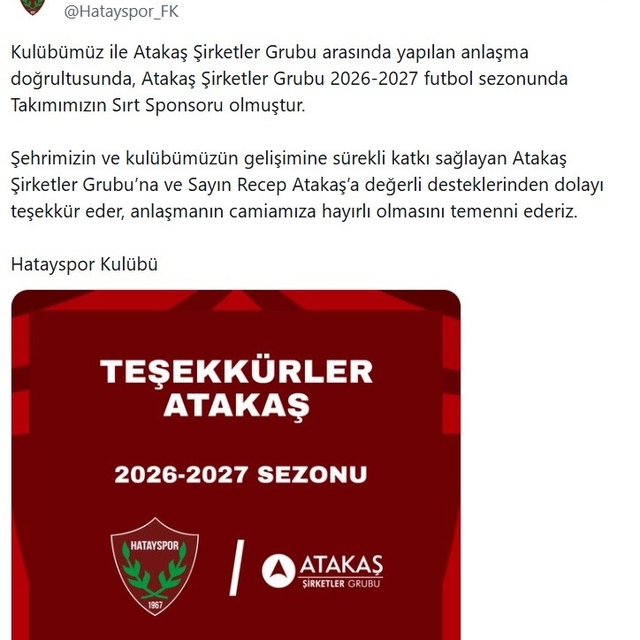 Atakaş Şirketler Grubu, Hatayspor'a sırt sponsoru oldu