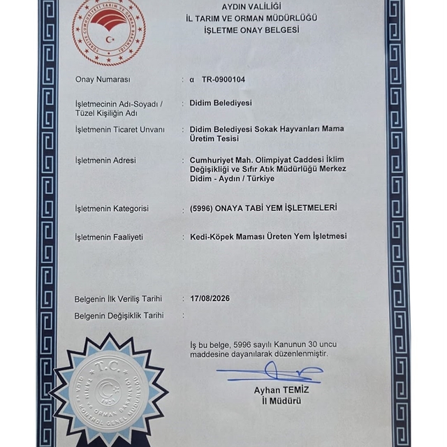 Didim'in mama üretim tesisine onay belgesi verildi