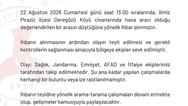 Giresun'da hava aracı düştüğü ihbarı