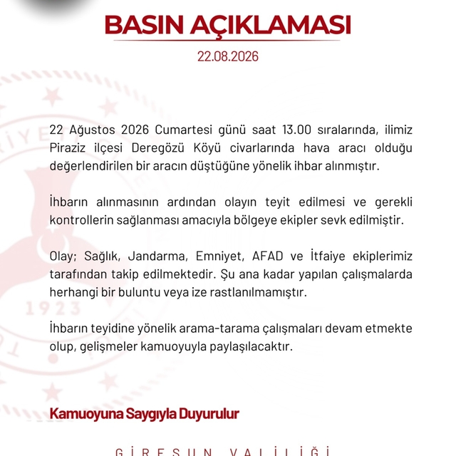 Giresun'da hava aracı düştüğü ihbarı