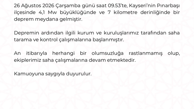 Kayseri'de 4.1 büyüklüğünde deprem