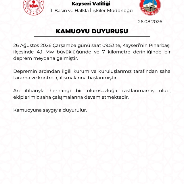 Kayseri'de 4.1 büyüklüğünde deprem