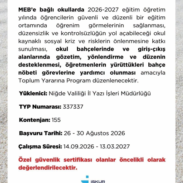 Niğde İŞKUR'dan okullar için 155 kişilik TYP duyurusu