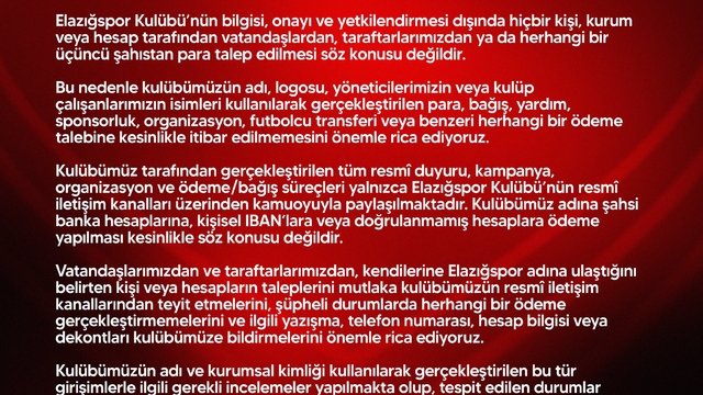Elazığspor'dan dolandırıcılık uyarısı
