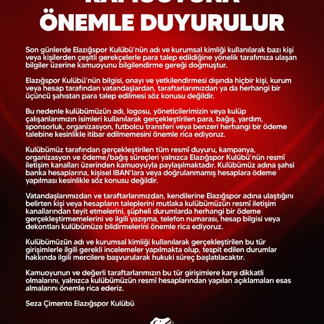Elazığspor'dan dolandırıcılık uyarısı