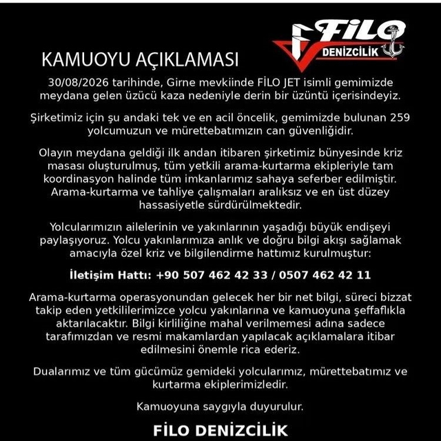 Filo Denizcilik'ten Girne açıklarındaki kaza sonrası açıklama: Yolcu yakınl...