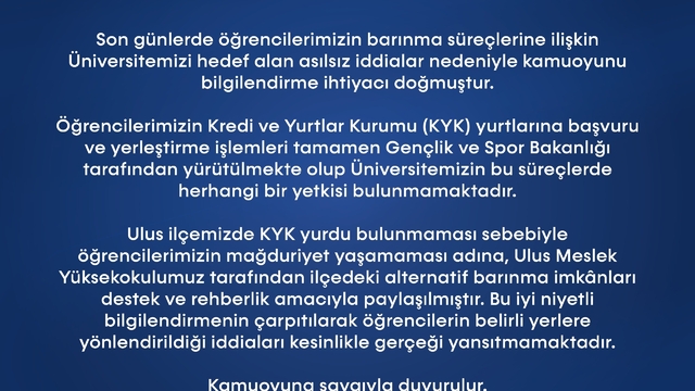 BARÜ'den öğrencilerin barınma konusunda açıklama