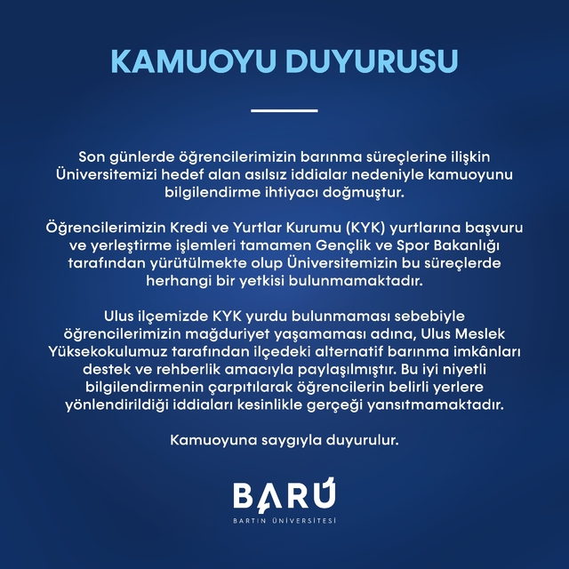 BARÜ'den öğrencilerin barınma konusunda açıklama