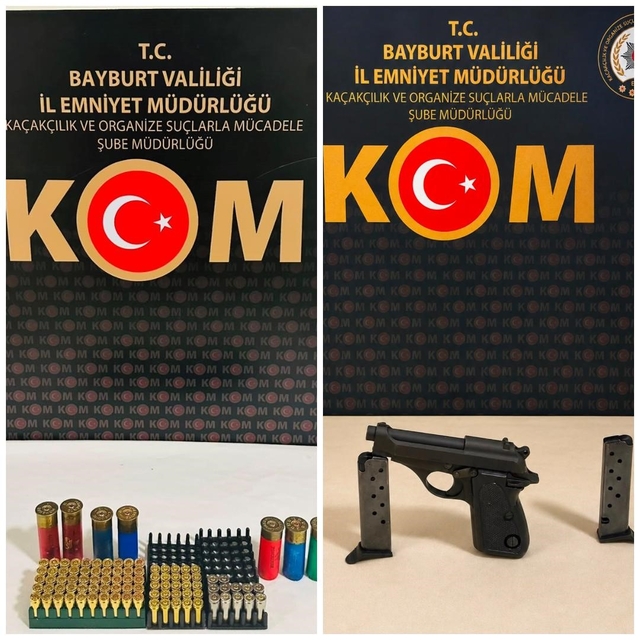 Bayburt'ta 3 şüphelinin yakalandığı operasyonlarda tabanca ve 94 fişek ele...