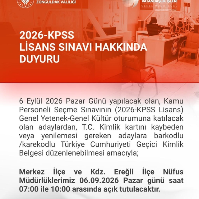 KPSS için Zonguldak'ta nüfus müdürlükleri pazar günü açık