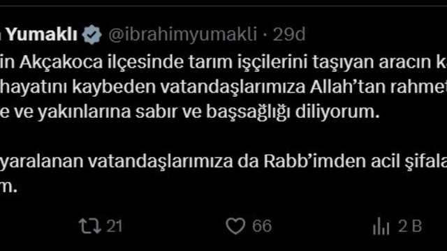 Bakan Yumaklı Düzce'deki kaza sonrası başsağlığı mesajı yayınladı
