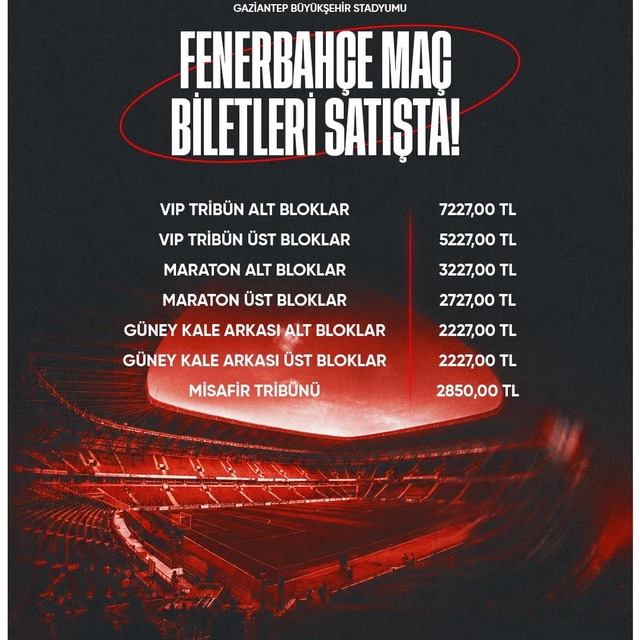 Gaziantep FK - Fenerbahçe maçı biletleri satışa çıktı
En düşük bilet fiyatı...