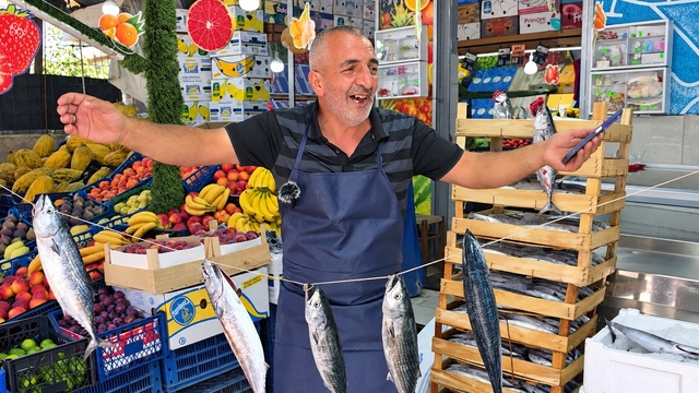 Düzce'de taze balıkları göstermek için hem palamutları oynattı hem kendisi horon oynadı
Denizde bolluk tezgaha yansıdı palamut balığının tanesi 75 liraya düştü