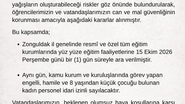 Zonguldak'ta eğitime bir gün ara verildi