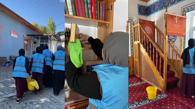 Erzincan'da öğrencilerden cami temizliğine destek