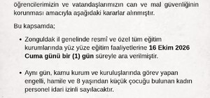 Zonguldak Valiliğinden yağış kararı: Okullara bir gün ara, bazı personele idari izin
