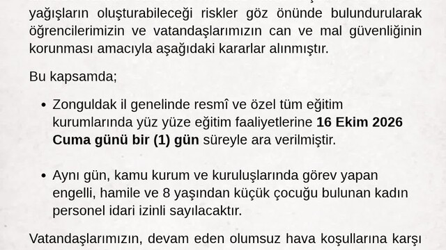 Zonguldak Valiliğinden yağış kararı: Okullara bir gün ara, bazı personele idari izin