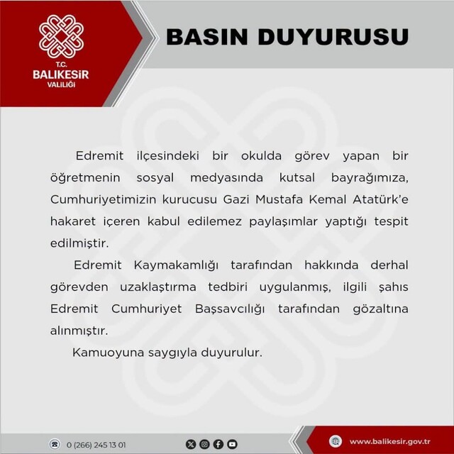 Türk bayrağına ve Atatürk'e hakaret içerikli paylaşımda bulunan öğretmen gö...