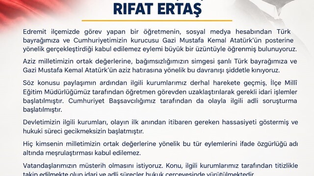 AK Parti Edremit İlçe Başkanı Rıfat Ertaş'tan kınama: "Milletimizin ortak değerlerine yönelik bu davranışı şiddetle kınıyoruz"