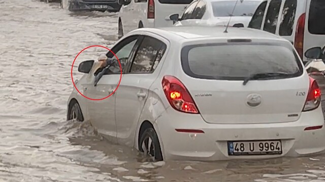 Otomobiline dolan suyu bardakla tahliye etmeye çalıştı